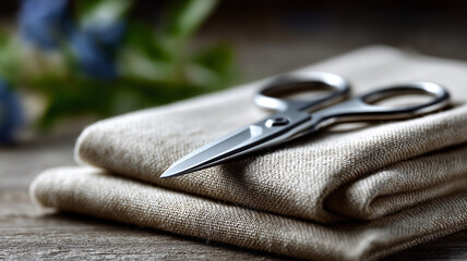 Soft woven linen fabric and precision sewing scissors arranged neatly in minimalist style representing quality materials and refined textile craftsmanship