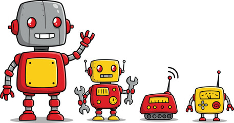 Cute colorful cartoon robots family, friendly mechanical characters, technology toys, futuristic robot design, playful automation, engineering, innovation, artificial intelligence.