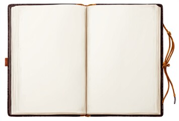 Open blank diary with textured paper and leather cover, tied with a simple string, isolated on a white background