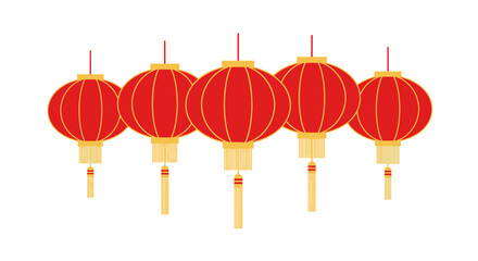 A row of five traditional red Chinese paper lanterns with gold tassels hanging against a white background.