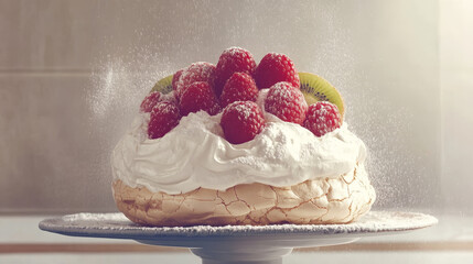 Delicious pavlova cake with fresh raspberries and kiwi. Powdered sugar falling on sweet dessert.