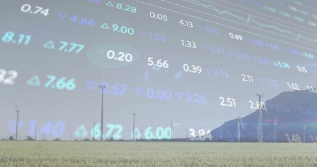 Displaying row of wind turbines rotating in grassland by mountain ridge, with stock ticker overlay