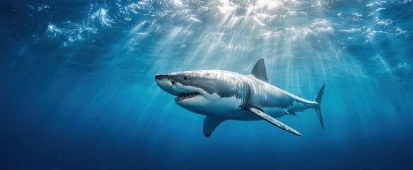 Naklejka premium The Great White Shark Gliding Beneath Sunlit Ocean Surface Through Vivid Blue Water
