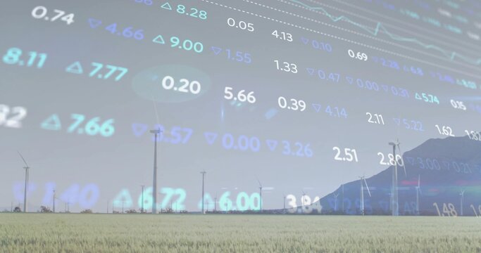 Displaying row of wind turbines rotating in grassland by mountain ridge, with stock ticker overlay