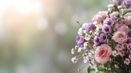 A bouquet of delicate pink and purple flowers in soft focus, showcasing a gentle and romantic mood.
