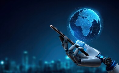 Robot hand is holding smartphone with holographic planet earth rotating above in futuristic technological city skyline background