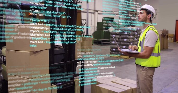 Worker in safety vest scanning on laptop at warehouse with boxes, code overlay, copy space