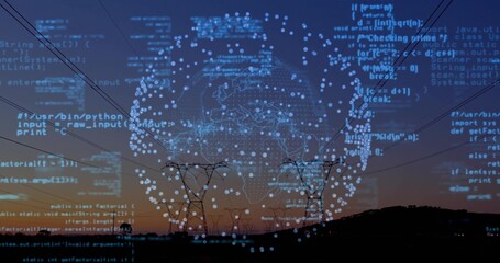 Fototapeta premium Showing steel pylons with high-voltage lines at dusk, globe and code floating above hills and trees