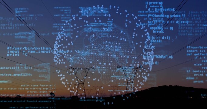 Fototapeta Showing steel pylons with high-voltage lines at dusk, globe and code floating above hills and trees
