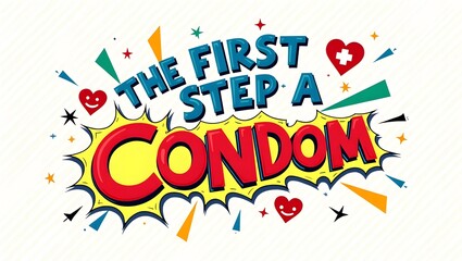 A bold and colorful pop-art style image encouraging the use of a condom as the first step toward practicing safe sex and ensuring protection.