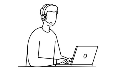 リモートワーク中のパソコン操作人物のアイコンイラスト、ヘッドセット