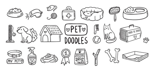 Pet Cat and Dog doodle hand drawn set elements. Pet stuff drawing isolated icons