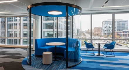 Modern Office Breakout Space with Blue Seating and City View