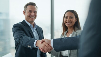 Smiling business professionals shaking hands within the bright modern office featuring large windows, natural daylight, and a professional atmosphere, symbolizing teamwork and success