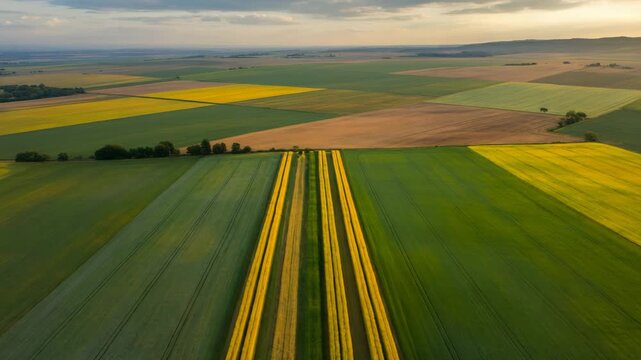 Aerial view of vibrant patchwork farmland fields bathed in golden hour sunlight creates a stunning scene