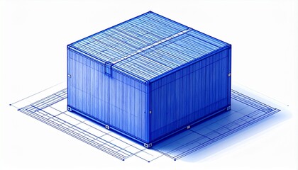Blue container stands on a gridded surface, its lines and structure precisely rendered