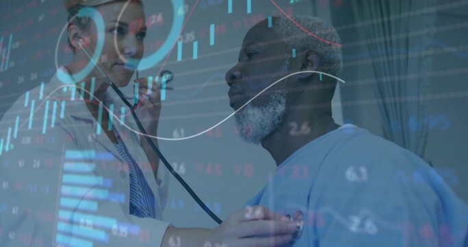Examining doctor in lab coat using stethoscope on patient in clinic, with financial chart overlay