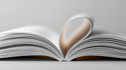 Obraz premium A close-up view of open book pages, elegantly curved to form a heart shape, against a neutral backdrop.