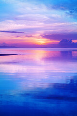 Sea beach sunrise, calm ocean sunset, beautiful peaceful dawn on tropical island, tranquil morning landscape, colorful pink purple sky, golden sun reflection on blue water, relax summer holidays, trav