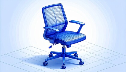 A stylish blue office chair on a light blue background, symbolizing a workspace environment. The chair is designed with ergonomic features, showcasing modern office furniture