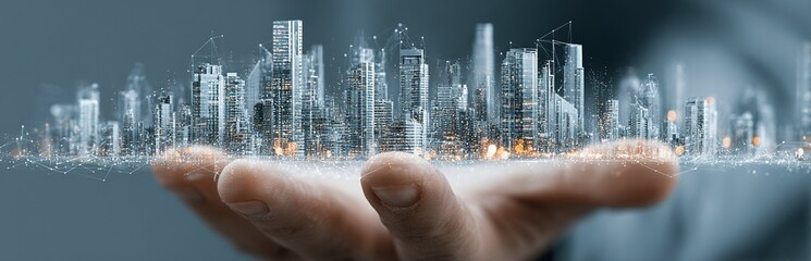 Hand Holding Digital City Skyline, Symbolizing Virtual Business and Technological Innovation with Futuristic Smart Buildings on Blurred Background