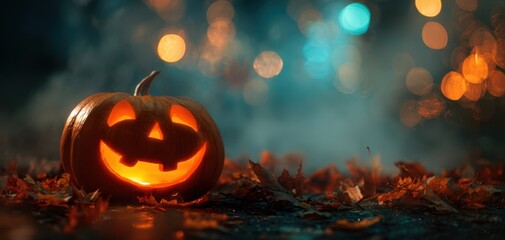 Obraz premium The Jack-o'-lantern Pumpkin Glowing on Wet Leaves Amid Halloween Bokeh Lights