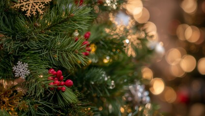 Close-up view of the decorated Christmas tree featuring red berries, glittering ornaments, and warm golden lights softly glowing within the blurred background, creating a festive mood