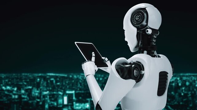 Robot hominoid using tablet computer for big data analytic using AI thinking brain , artificial intelligence and machine learning process for the 4th fourth industrial revolution . 3D rendering.