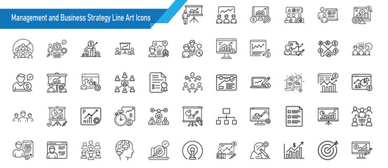 Management and Business Strategy Line Art Icons - 50 Outline Vector Icon Set for Leadership, Planning, Productivity, and Teamwork