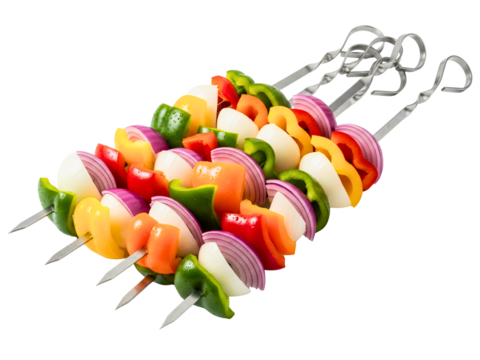 Uncooked vegetarian skewers with fresh bell peppers and onion on a transparent background