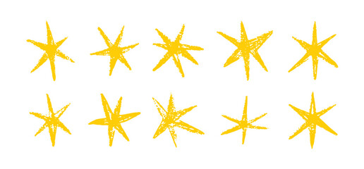 Grunge hand drawn yellow stars brush strokes and spray paint. Doodle star texture graffiti elements. Vintage ink stars