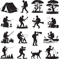Outdoor Adventure Silhouettes with Tent, Campfire and Trees Keywords: camping, tent, hiking
