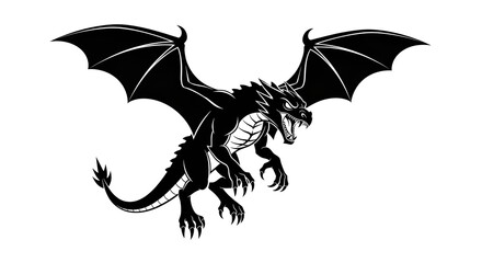 Naklejka premium Roaring Dragon in Flight A Dynamic Black and White Illustration