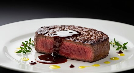 Succulent Rare Steak Topped with Dark Sauce on White Plate