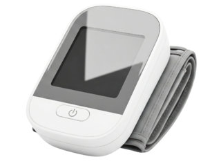 Modern digital blood pressure monitor with cuff for home use on a transparent background
