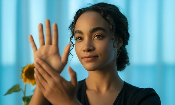 Expressive young woman making a graceful hand gesture, a form of silent communication and self-expression