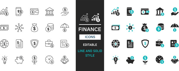 Finance icon set line and solid style. Money,bank,loan,credit,investment,savings,card,wallet,chart,cash vector collection.