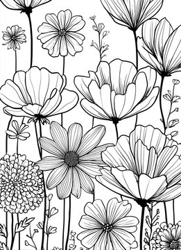 Floral coloring page for adults with detailed flowers
Black and white floral line art illustration for coloring