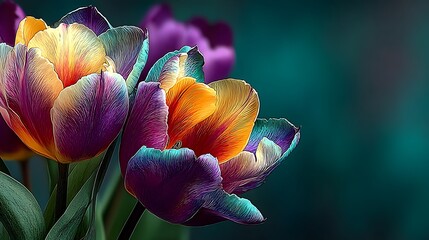 Vibrant multicolored tulips with green leaves on dark background flowers floral