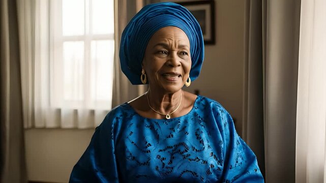 Elegant older African woman smiles warmly, wearing blue traditional attire. Portrays grace, cultural heritage, and wisdom. Ideal for family history, community, or wellness promotion.