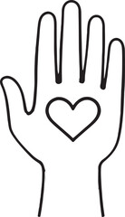 Obraz premium Minimal hand with heart outline drawing, simple vector symbol of love, care, kindness, charity, and support