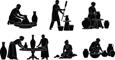 Silhouette of people making pottery, traditional ceramic crafting process, artisans shaping clay vases by hand and using potter's wheel