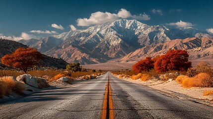 Asphalt road leading to snow capped mountains and autumn trees highway