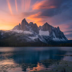 Majestic Mountain Peaks at Sunset Reflected in a Calm Lake