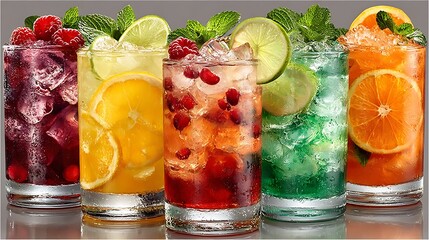 Assorted colorful refreshing fruit beverages with ice and garnishes cocktails mint