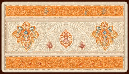 Ornate, decorative border with floral motifs in warm tones on a light beige background