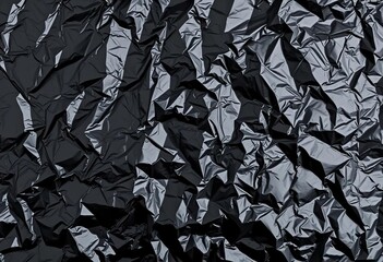 Crinkled black plastic bag texture, showing wrinkles and shadows,  black texture,  photography
