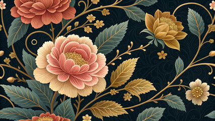 Elegant vintage floral pattern with blooming peonies and leaves