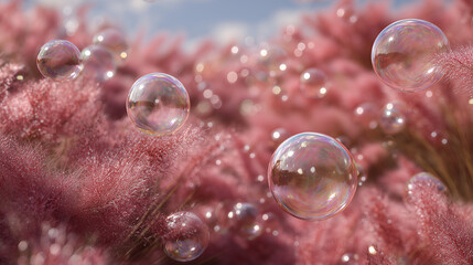 Dreamy pink muhly background with soap bubbles