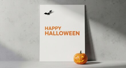 Spooky Halloween celebration with a jack-o'-lantern and bat, perfect for festive invites